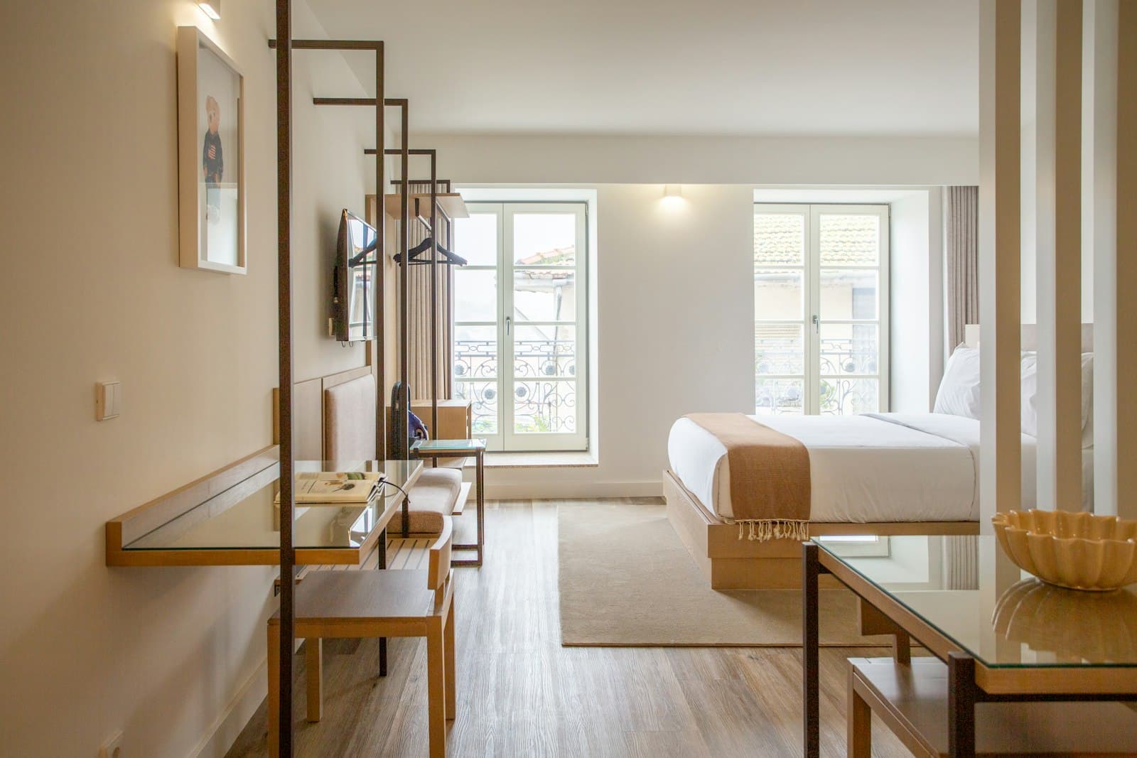 Warm, bright hotel room with natural light